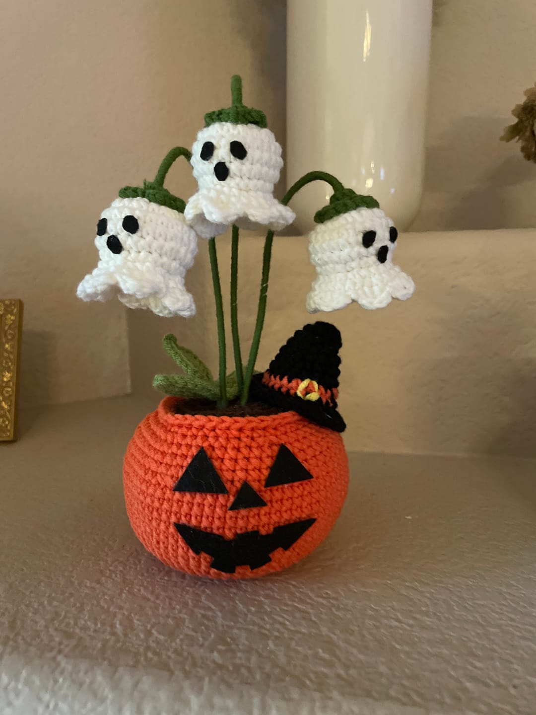 Customer photo review of Crochet Halloween Pumpkin Ghost Pot – Handmade Spooky Flower Pot, Gothic Desk Decor & Halloween Gift