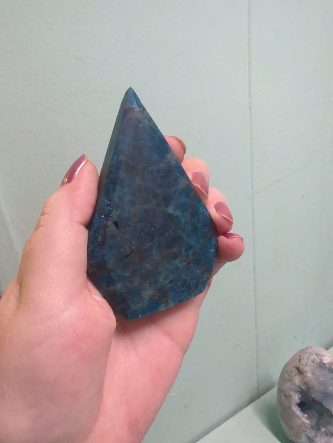 Customer photo review of Natural Exquisite Blue Apatite Crystal Teardrop