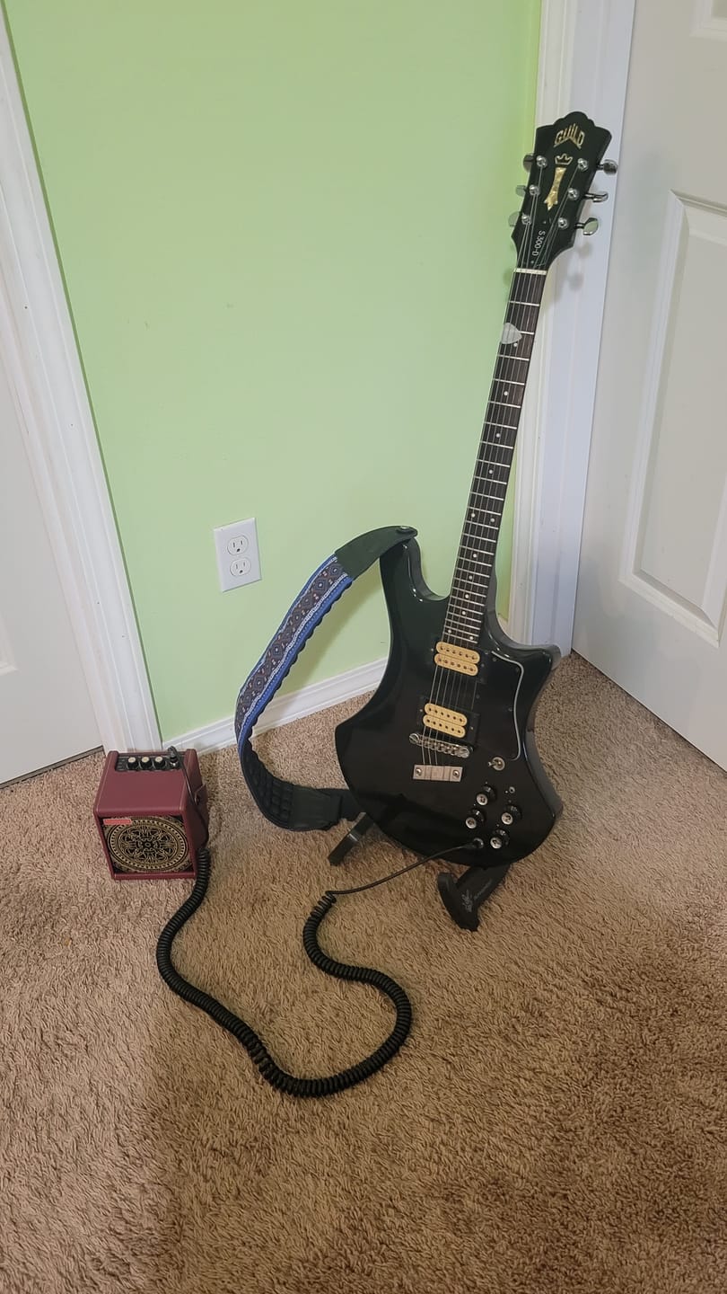 Customer photo review of BunnyNest: Folding A-Frame Guitar & String Instrument Stand