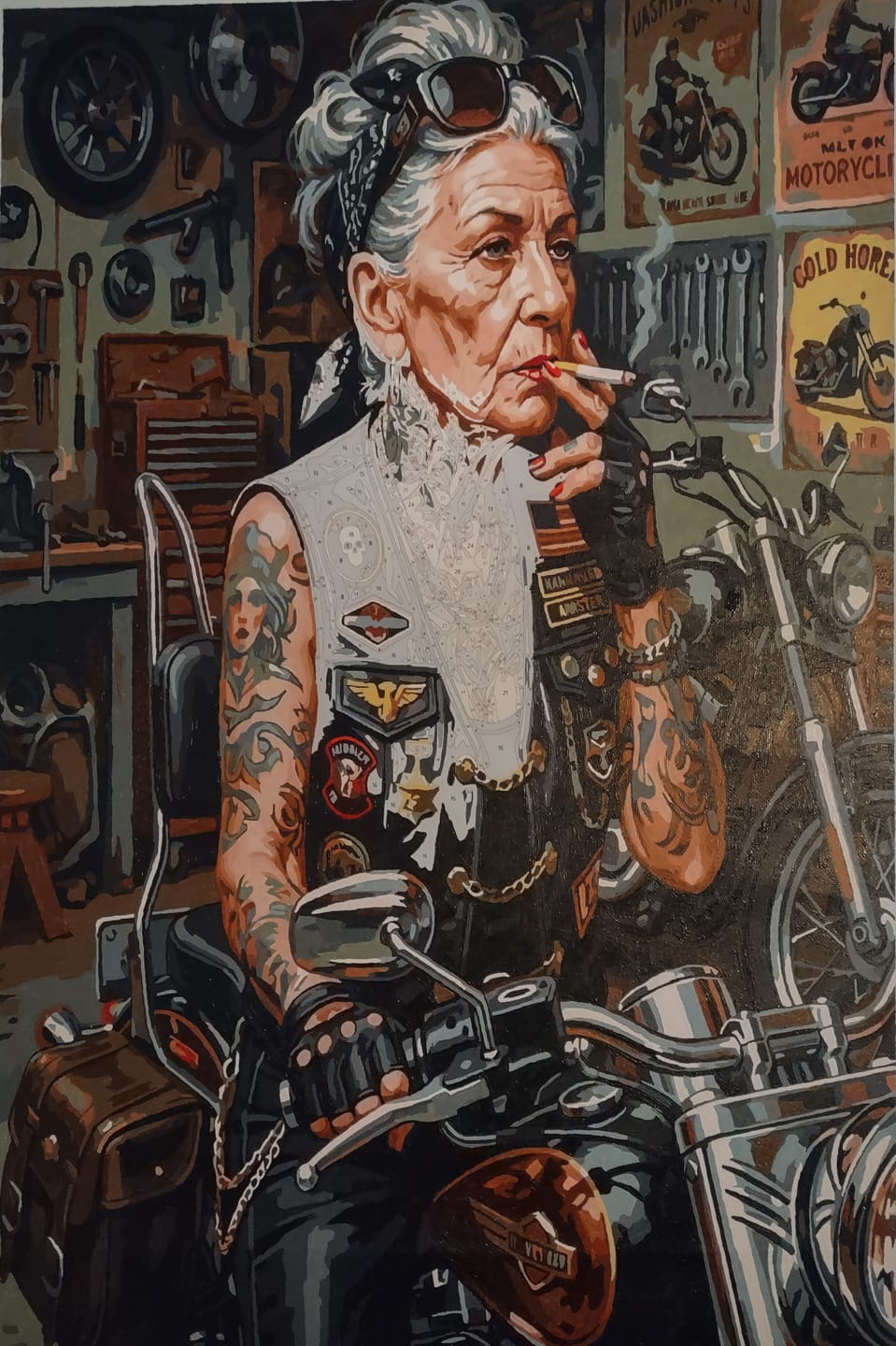 Customer photo review of Tattooed Biker Granny Garage (Paint by Numbers)