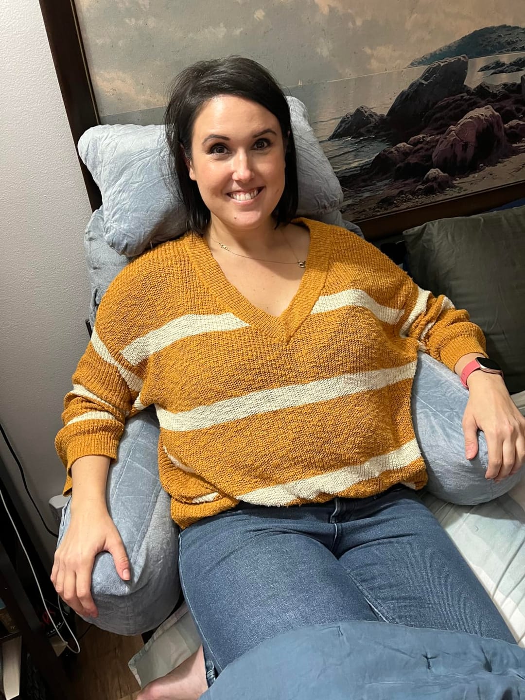 Customer photo review of Cozy Nook Reading Pillow