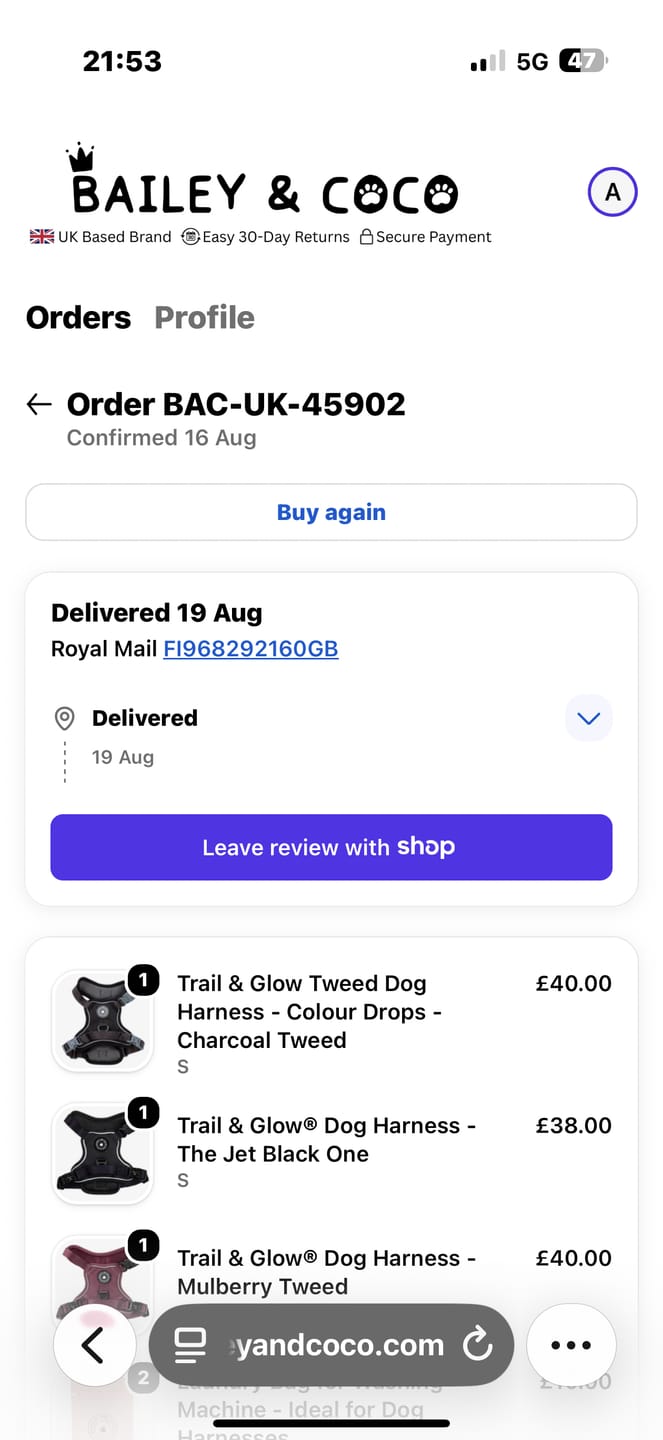 Customer photo review of Trail & Glow Tweed Dog Harness - Colour Drops - Charcoal Tweed