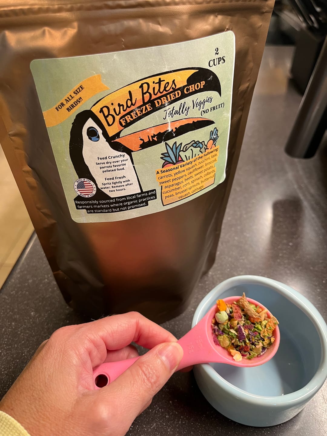 Customer photo review of Bird Bites Freeze Dried Chop - Totally Veggies - No Fruit