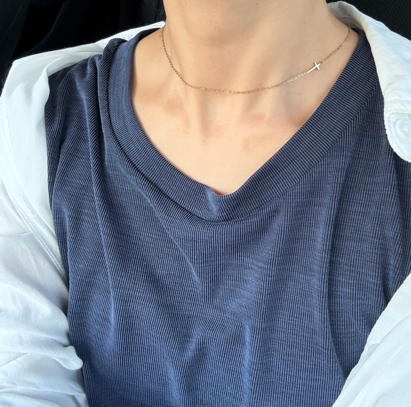 Customer photo review of The Collarbone Cross Necklace