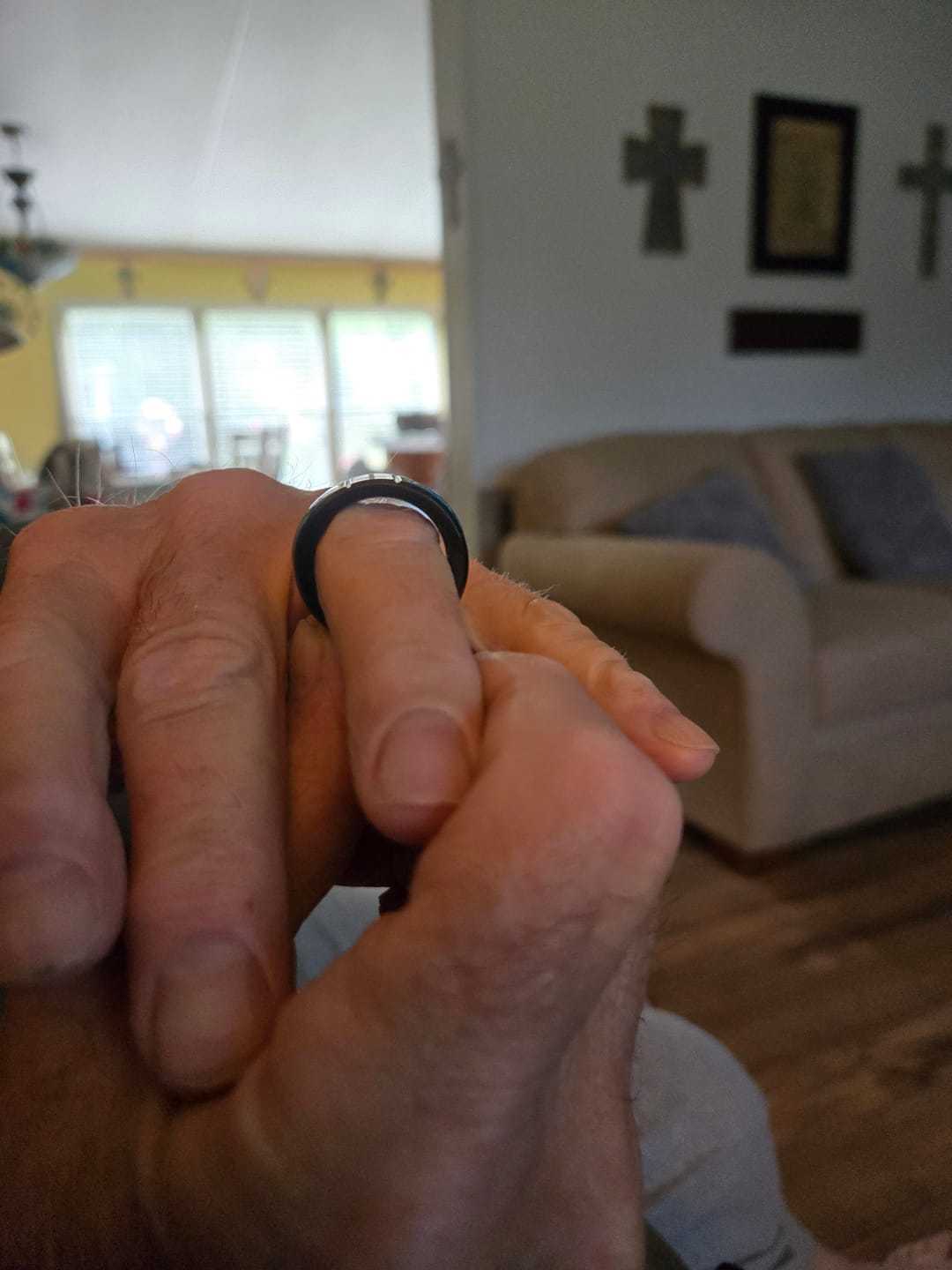Customer photo review of Christianartworkshop Modern Titanium Steel Cross Ring with Laser Blue Inlay: Serenity in Christ's Blue Light