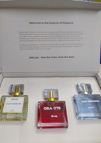 Customer's OUD Supreme Bundle gift set featuring three perfume bottles labeled Oud Serene, Ora 1776, and Oud Nirvana.