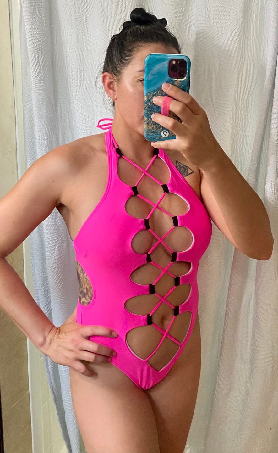 Customer photo review of Neon Tan Lines Plunge One Piece Swimsuit