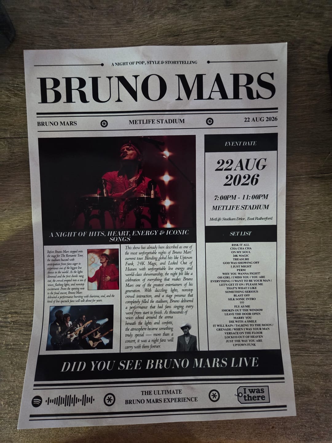 Customer photo review of Bruno Mars - Personalised Newspaper Style Concert Poster (USA Tour)