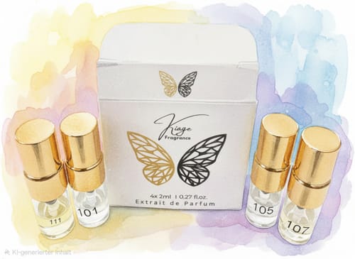 Customer's Tester Set featuring four small perfume bottles and a white product box with butterfly logos.