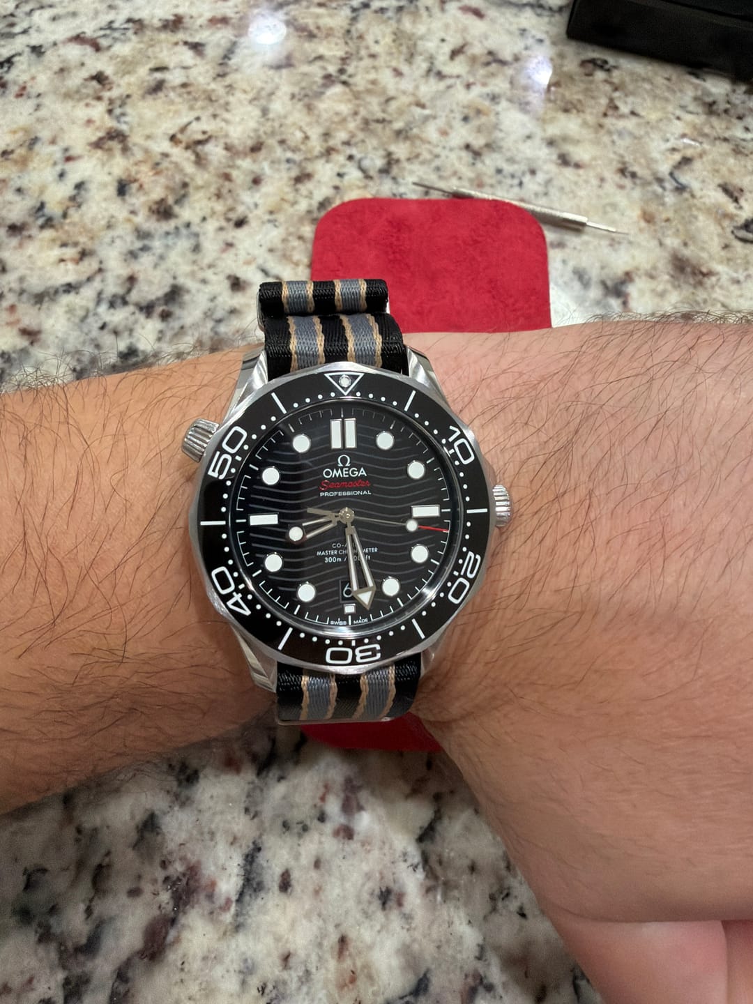 Customer photo review of NTTD Bond Stripe Seatbelt Nylon Pass-Through Strap — Handcrafted in EU