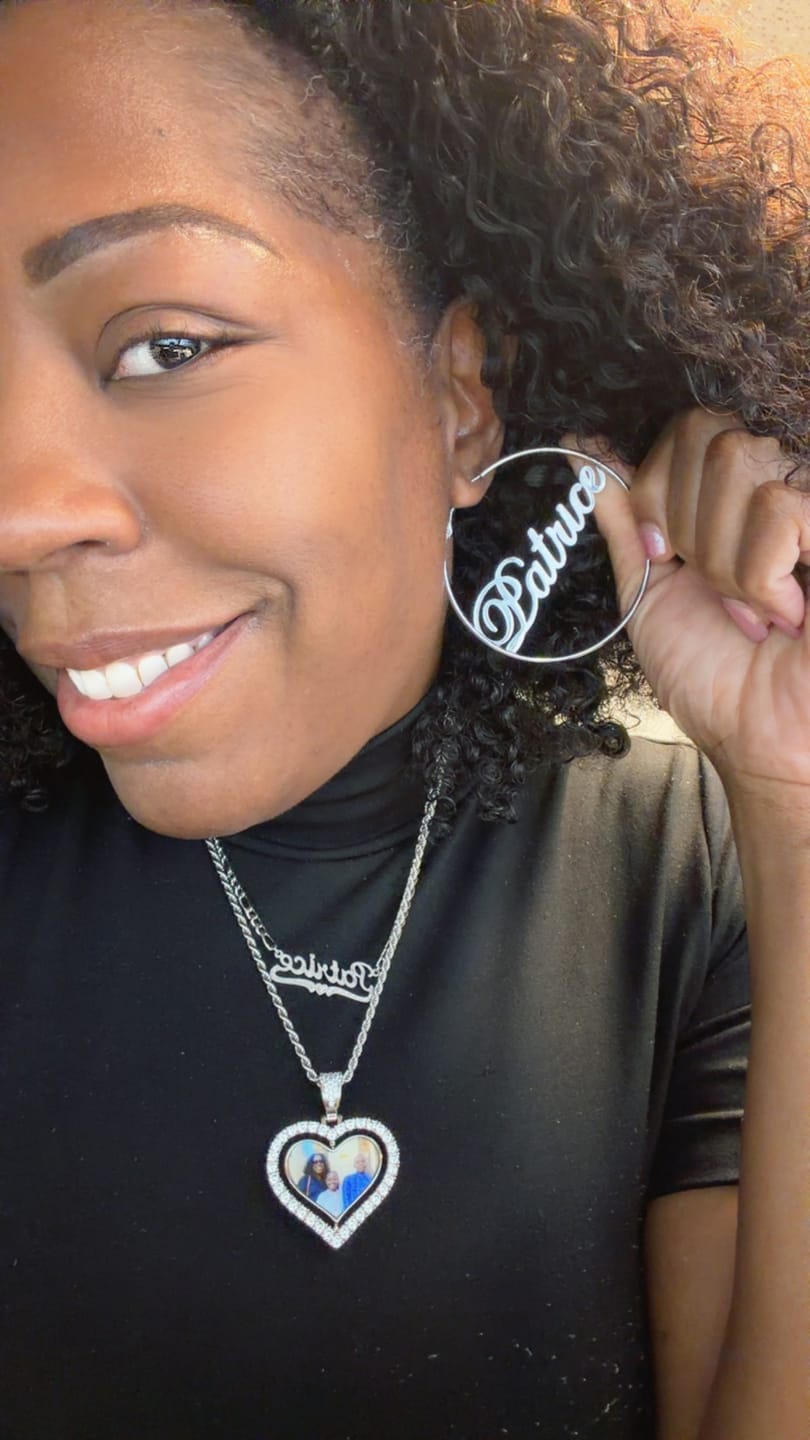 Customer photo review of Script Name Hoop Earrings