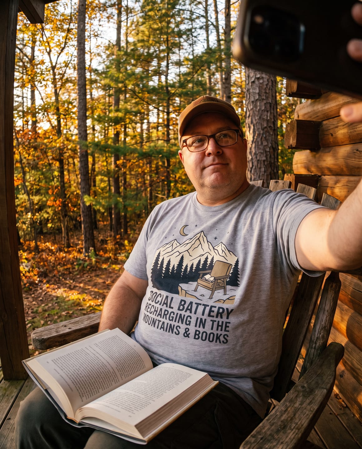 Customer photo review of Social Battery Mountain & Books T-Shirt