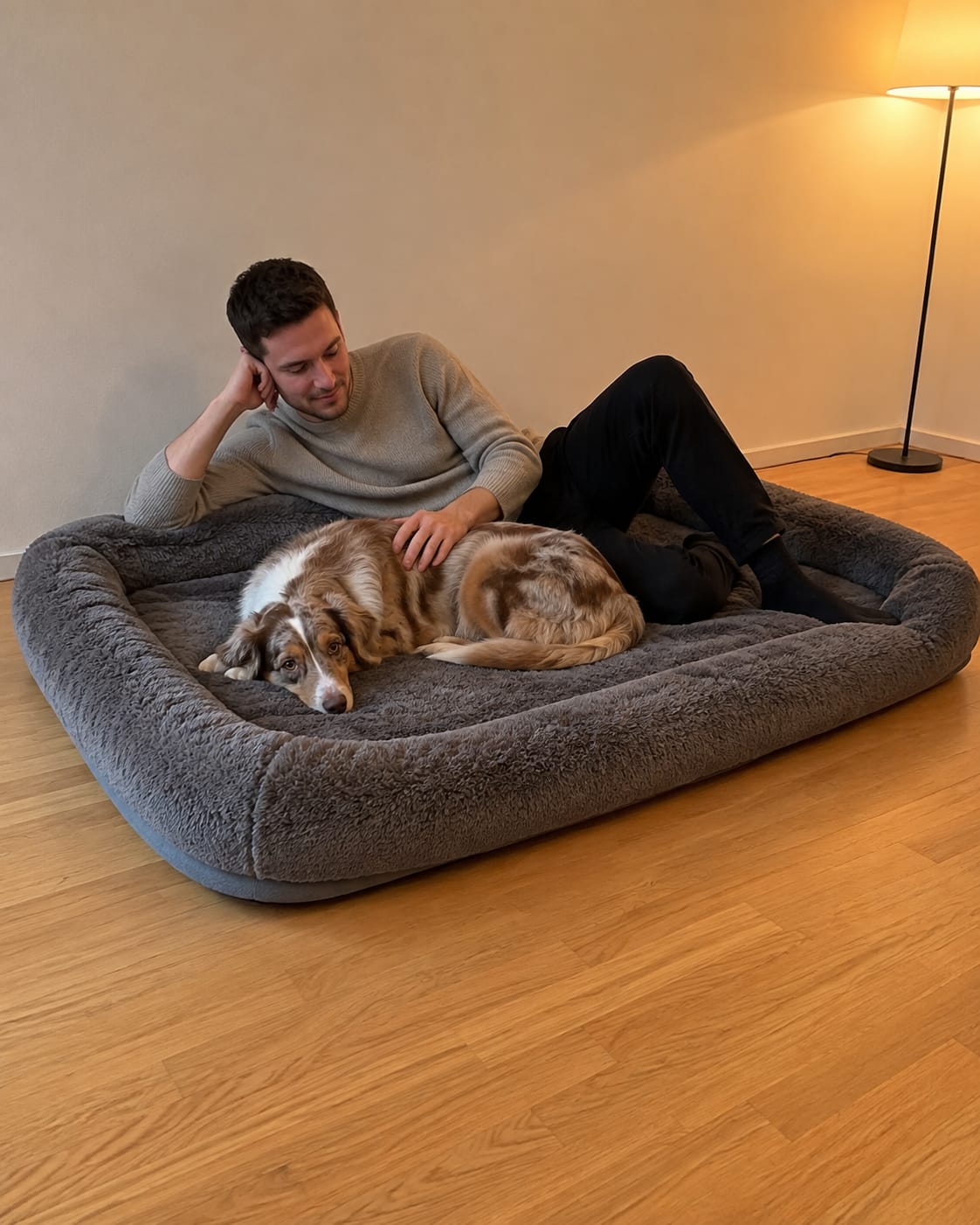 Customer photo review of The Cloud Bed: Human-Sized Bed for You and Your Dog