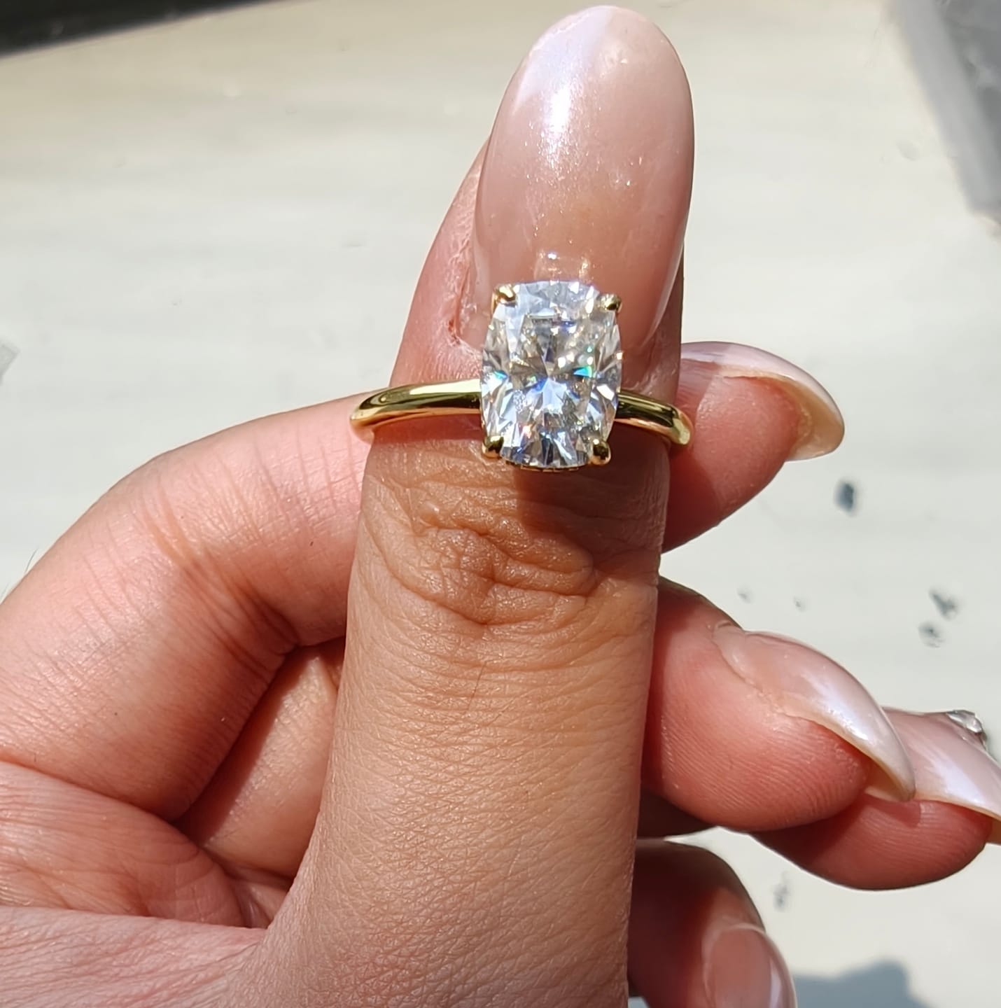 Customer photo review of Moissanite 2.5 Ct Cushion Cut Solitaire Yellow Gold Promise Ring For Women