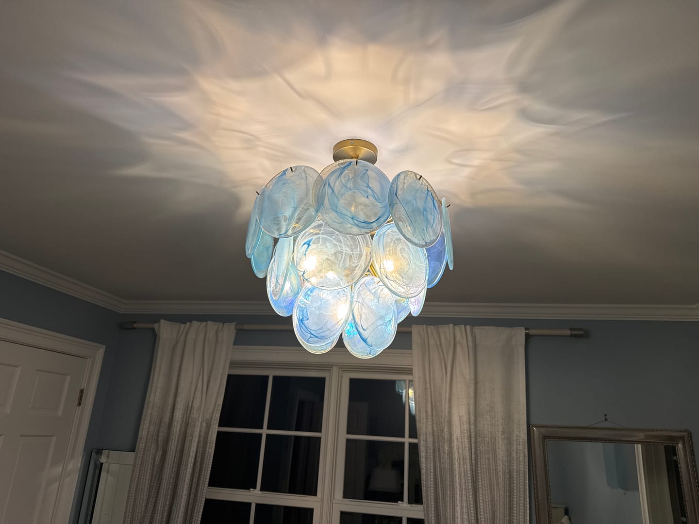 Customer photo review of Glam Blue Iridescent Swirl Glass Round Tiered Chandelier