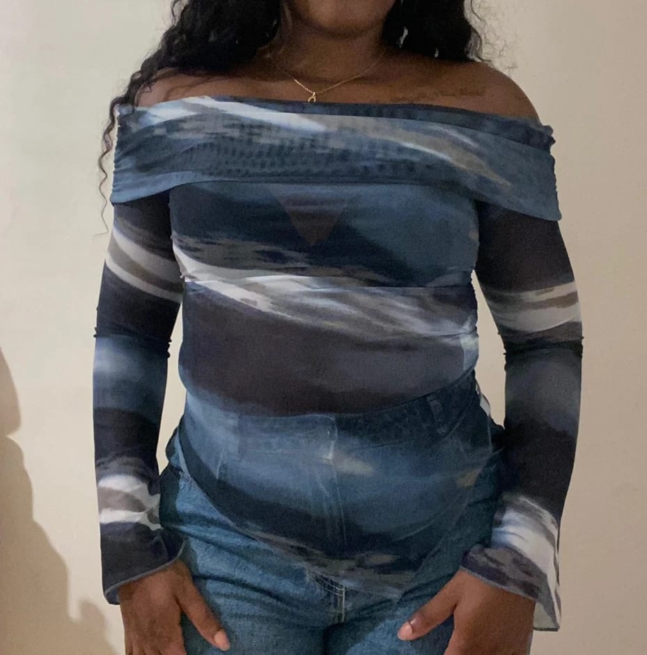 Customer photo review of Ninonine "Lyra" | Abstract Midnight Off-Shoulder Asymmetrical Top