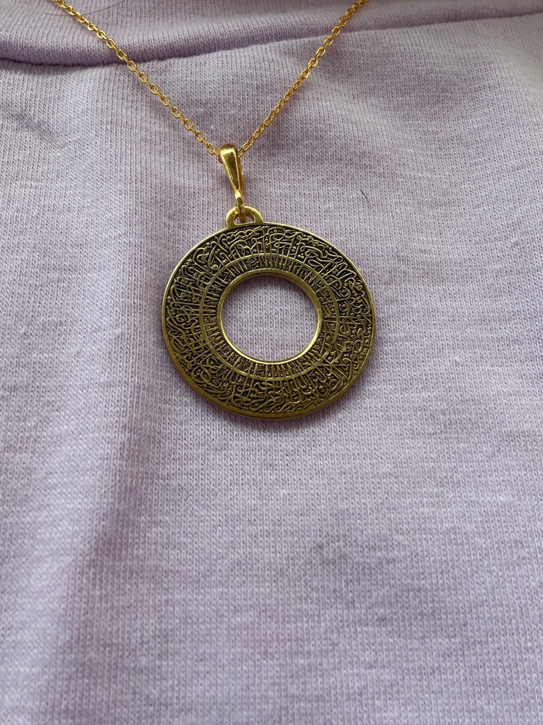 Customer photo review of Surah Al Fatihah - Circle Muslim Jewelry | 18K Gold Plated Silver Pendant
