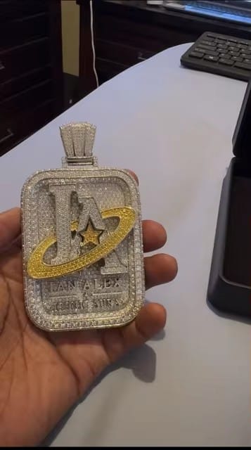 Customer photo review of 2.5Inch Tall Dog Tag Name Pendant VVS Moissanite Diamond Iced Out