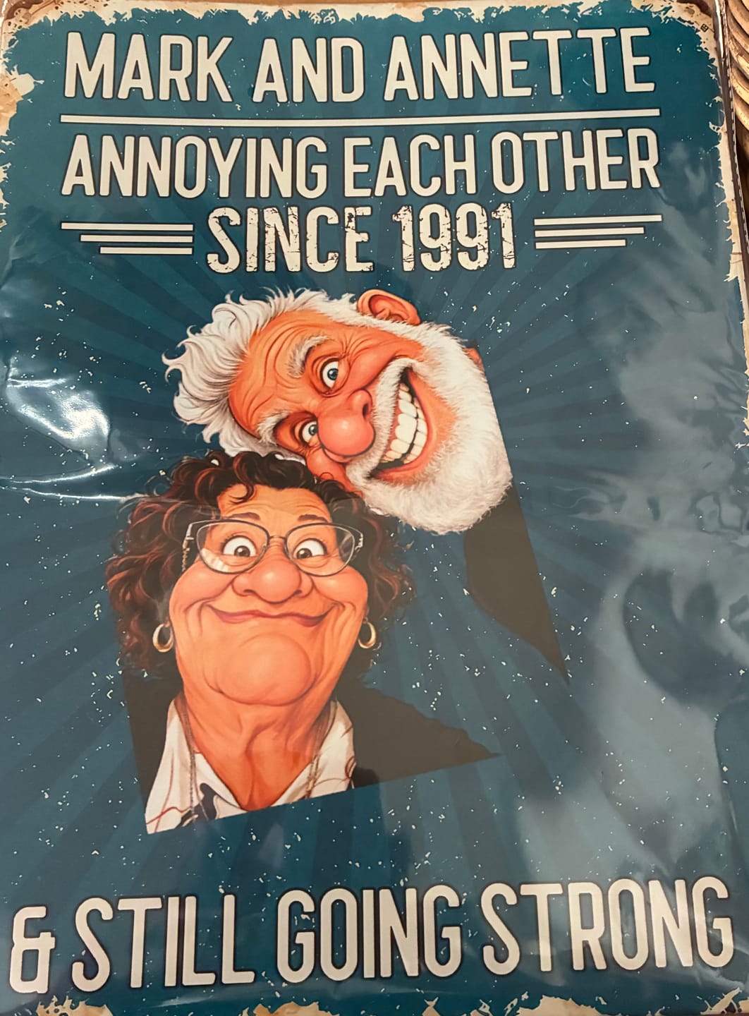Customer photo review of Custom Photo Caricature Still Annoying Each Other - Personalized Custom Classic Metal Signs - Funny Gift For Couples, Parents, Grandparents