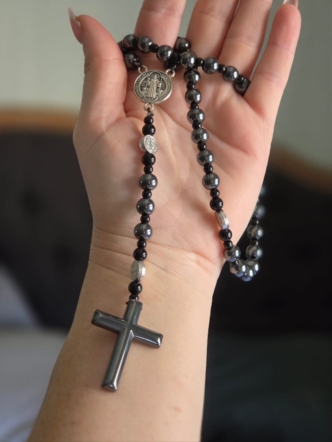 Customer photo review of Christianartworkshop St. Benedict Medal & Cross of 8 mm Round Black Multi-material Nylon Cord Rosary