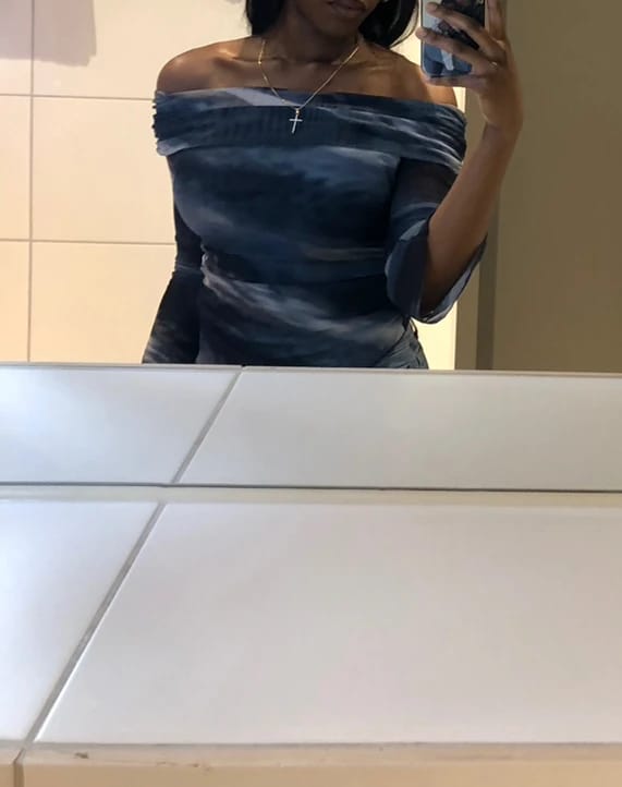 Customer photo review of Ninonine "Lyra" | Abstract Midnight Off-Shoulder Asymmetrical Top