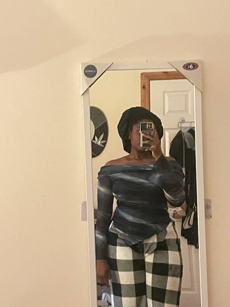 Customer photo review of Ninonine "Lyra" | Abstract Midnight Off-Shoulder Asymmetrical Top