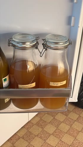 Kundenfoto des Wasserkefir Starter-Sets mit zwei gefüllten Glasflaschen im Kühlschrank.