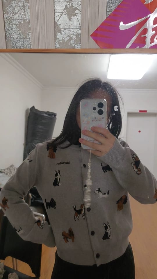 Customer photo review of Women's Grey Puppy Print Cropped Knit Cardigan