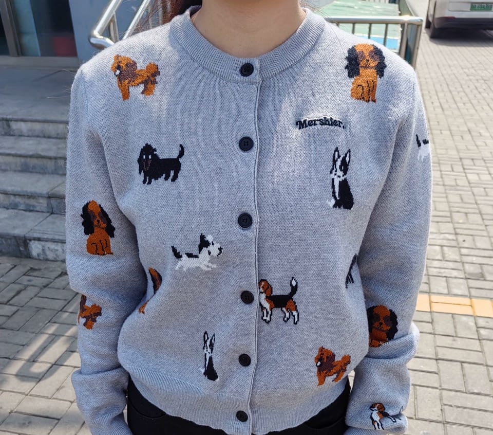 Customer photo review of Women's Grey Puppy Print Cropped Knit Cardigan