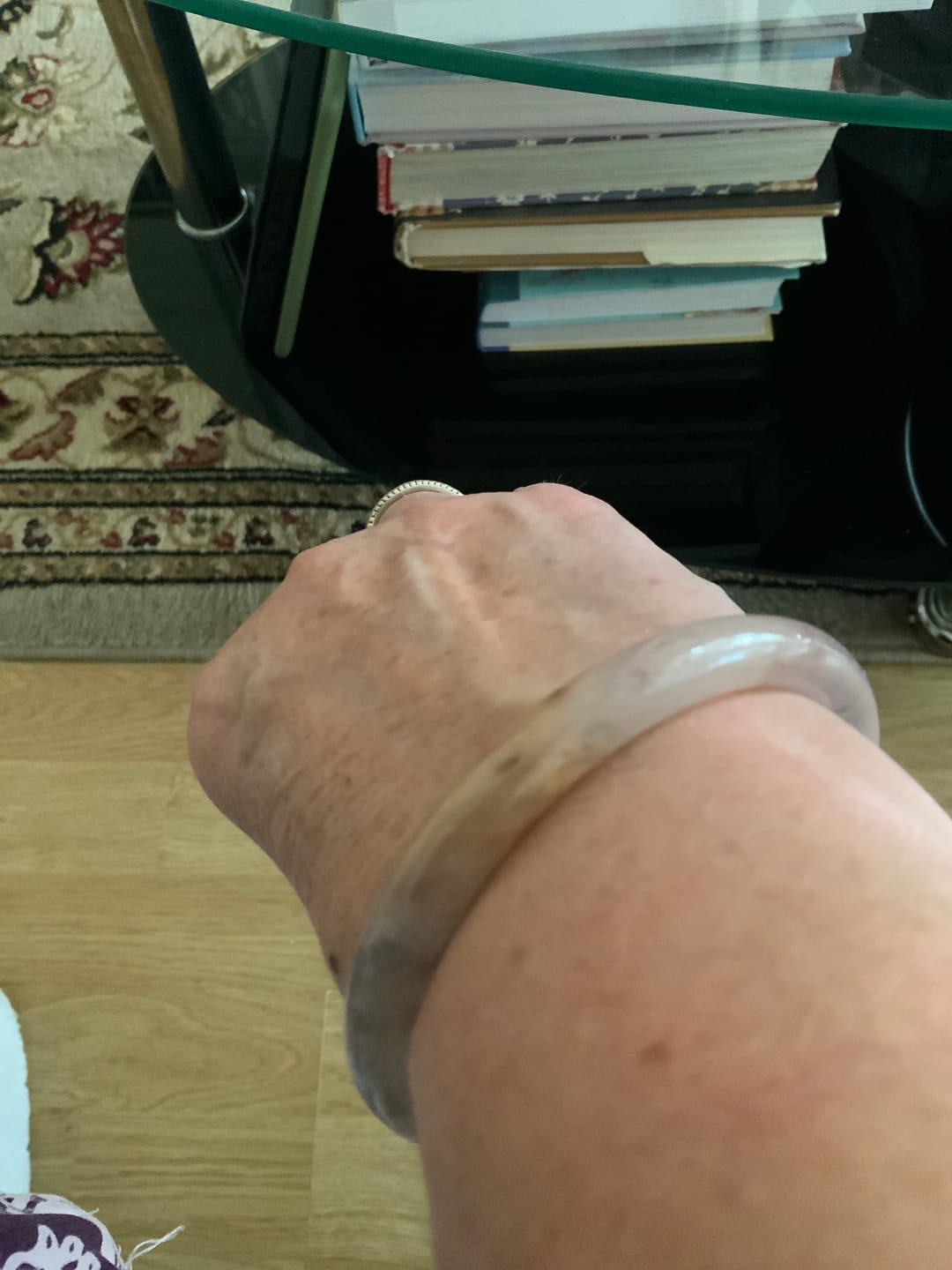 Customer photo review of Buddha Stones Purple Jade Happiness Protection Bracelet Bangle