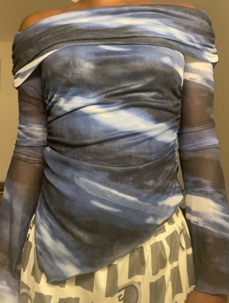 Customer photo review of Ninonine "Lyra" | Abstract Midnight Off-Shoulder Asymmetrical Top