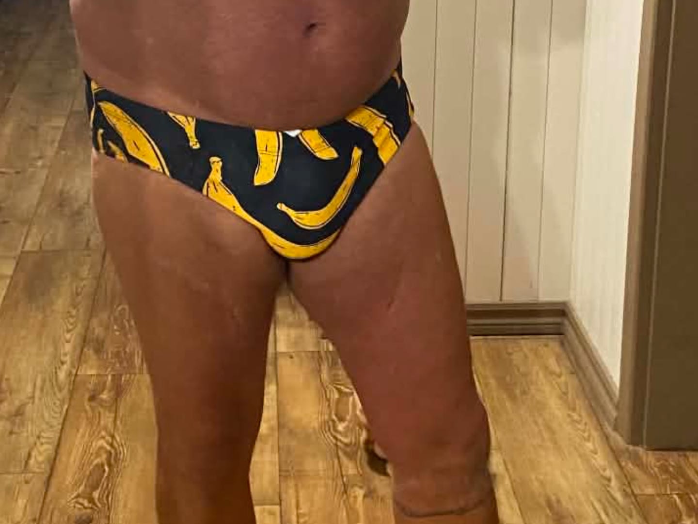 Customer photo review of Men's Banana Print Swim Briefs with Removable Pad