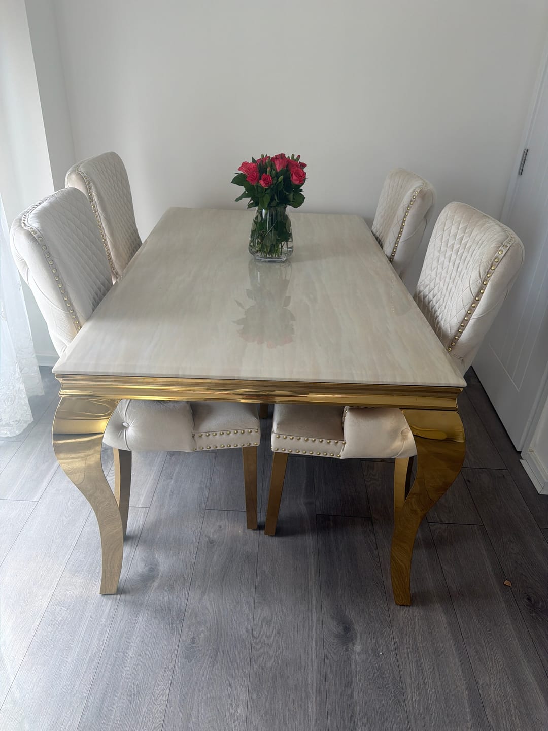 Customer photo review of Louis Marble Gold Dining Set With Victoria Gold Lion or Plain Ring Velvet Knocker Chairs