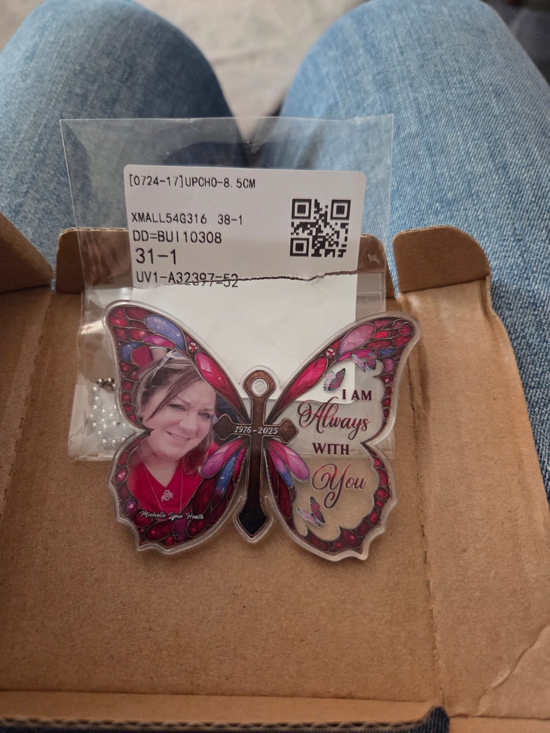 Customer photo review of Personalized Memorial Butterfly Car Hanger with Photo – Always With You