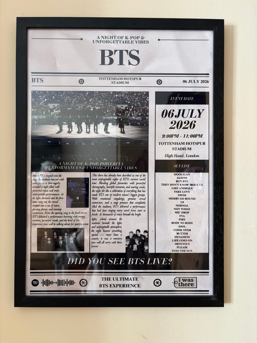 Customer photo review of BTS - Personalised Newspaper Style Concert Poster