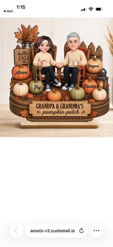 Customer's personalized wooden Grandpa & Grandma's Pumpkin Patch plaque featuring grandparent characters and pumpkins