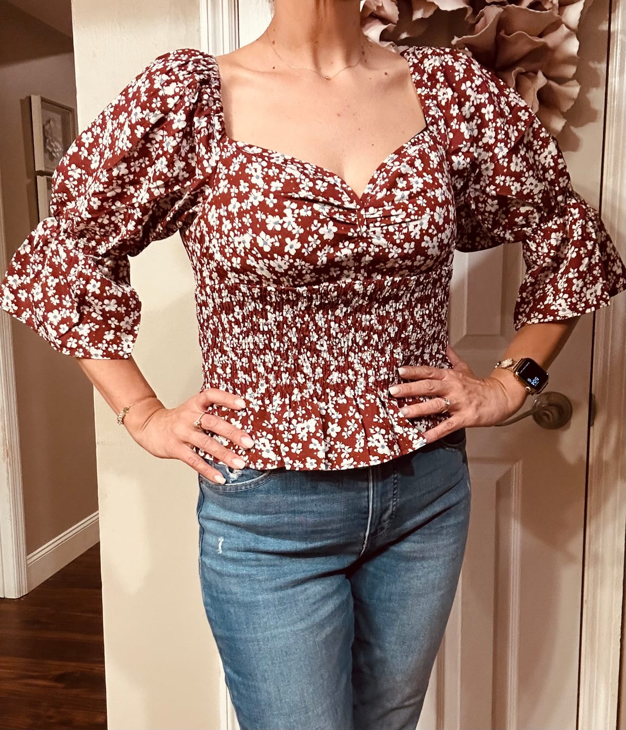 Customer photo review of WOMEN'S 3/4 SLEEVE V-NECK SMOCK FLORAL BLOUSE