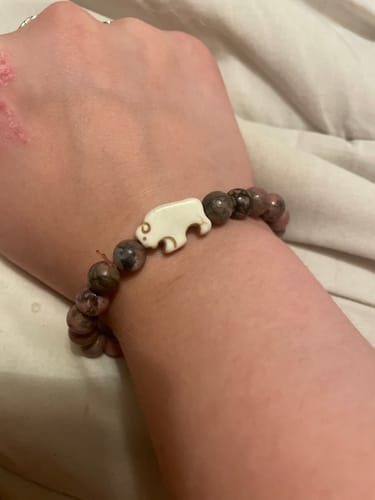 Customer's Mystery Bracelet with brown stone beads and a cream-colored bison charm, worn on a wrist.