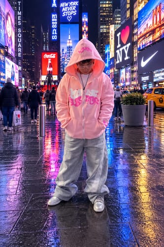 Customer's Sweat Aesthetic pink zip-up hoodie worn in a city street setting at night.