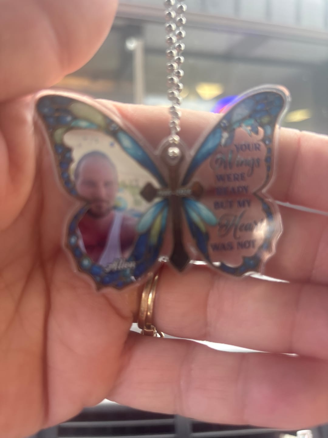 Customer photo review of Personalized Memorial Butterfly Car Hanger with Photo – Always With You
