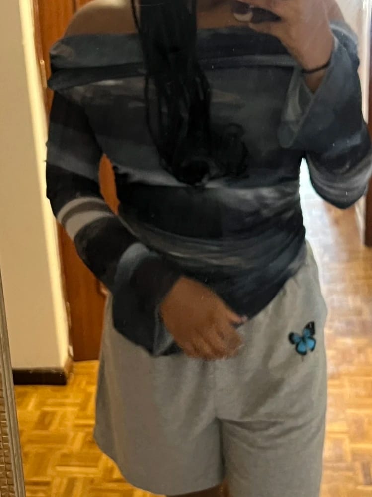 Customer photo review of Ninonine "Lyra" | Abstract Midnight Off-Shoulder Asymmetrical Top
