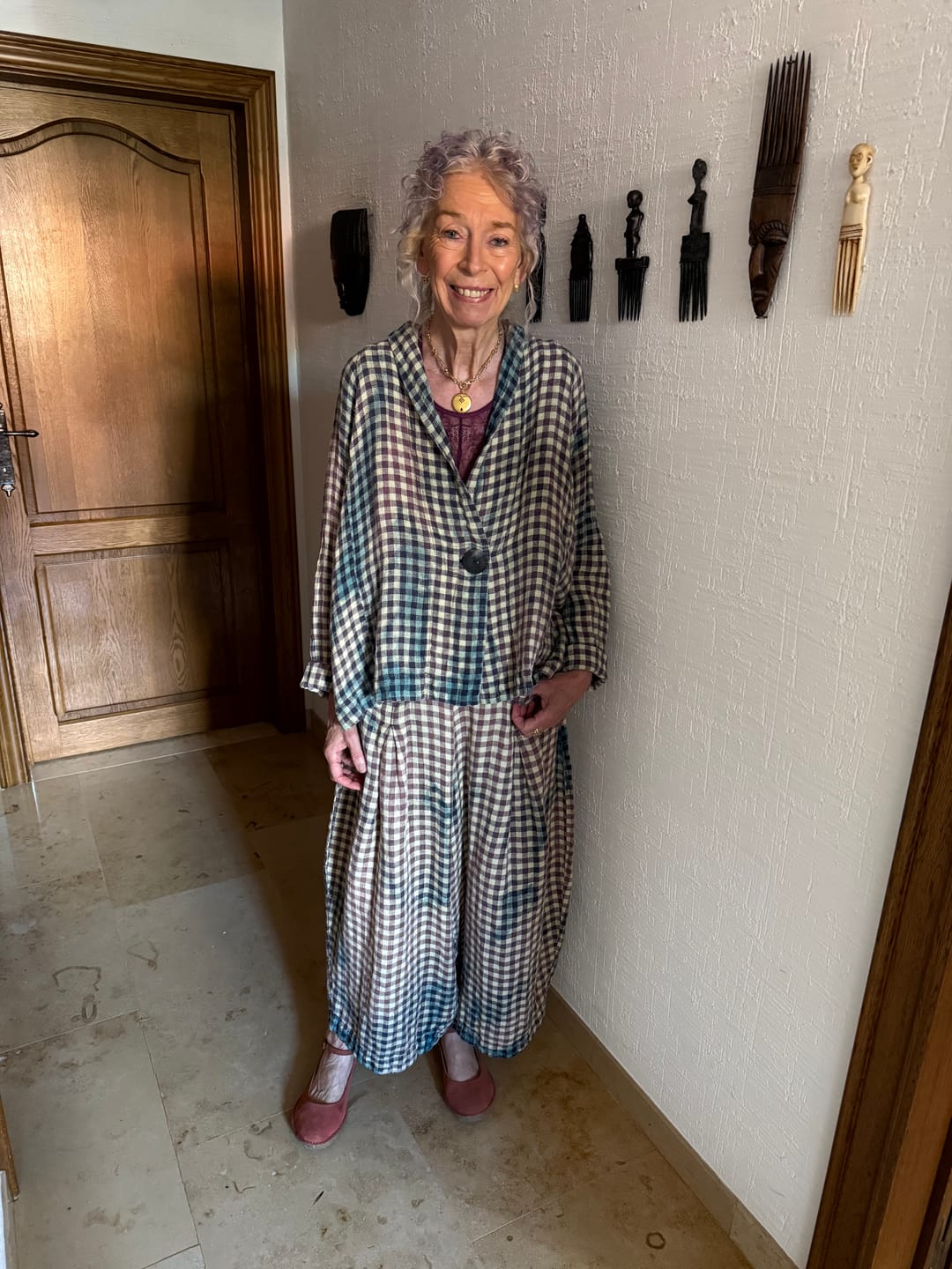 Customer photo review of Single Button Watercolour Check Linen Jacket