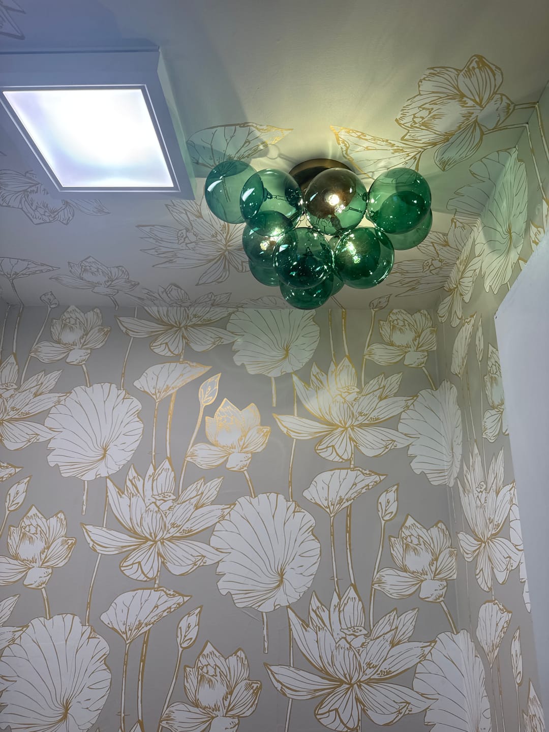 Customer photo review of 3-Light Cluster Green Tinted Glass Globe Bubble Semi Flush