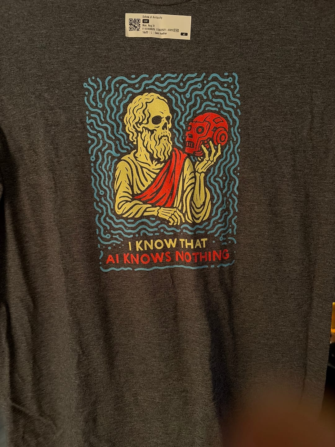 Customer photo review of Socrates AI Knows Nothing T-Shirt