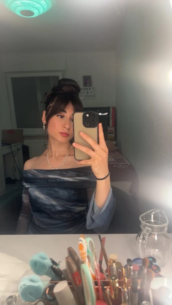 Customer photo review of Ninonine "Lyra" | Abstract Midnight Off-Shoulder Asymmetrical Top