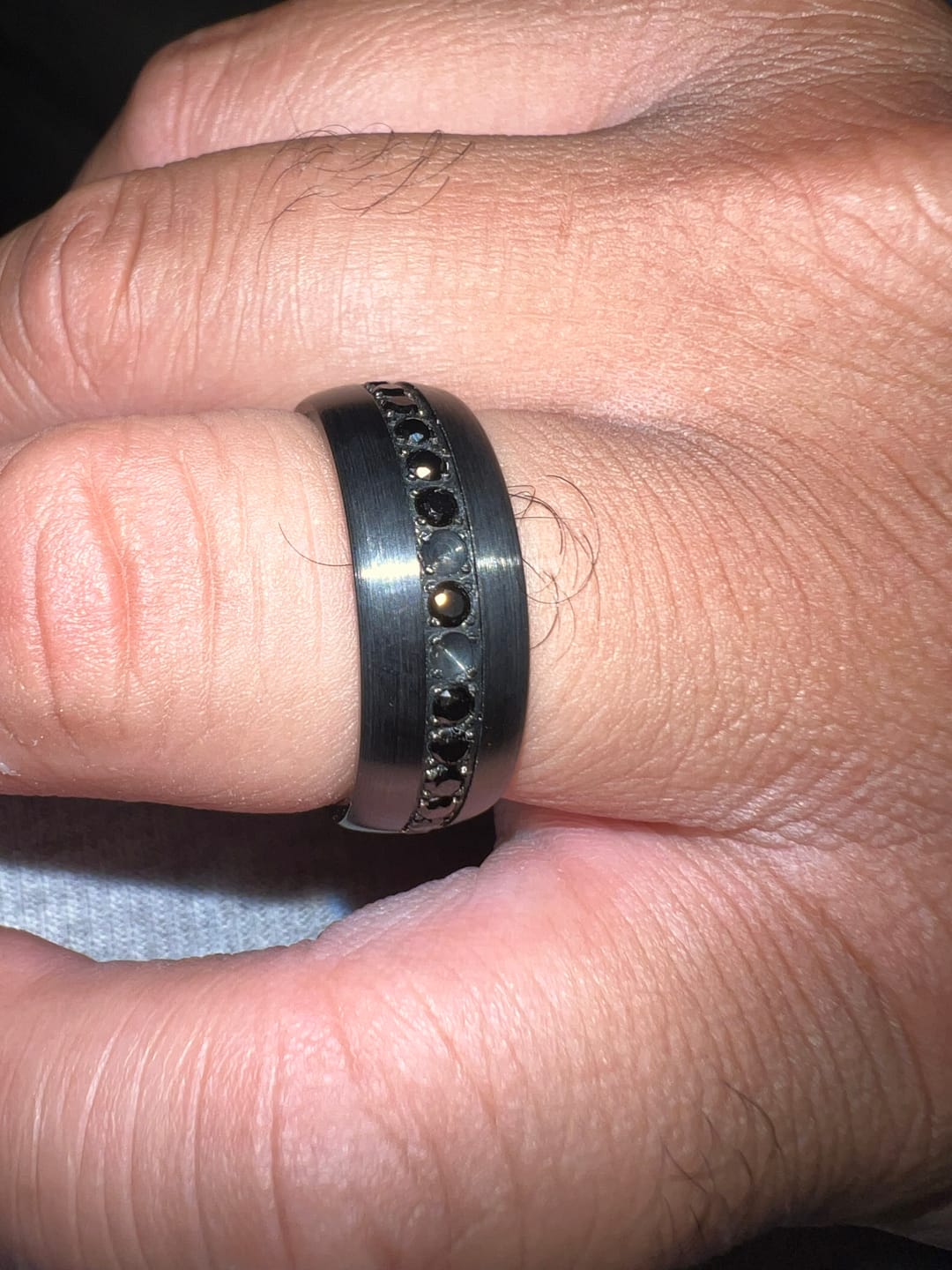 Customer photo review of 8mm Black Tungsten Wedding Band with Black Sapphires