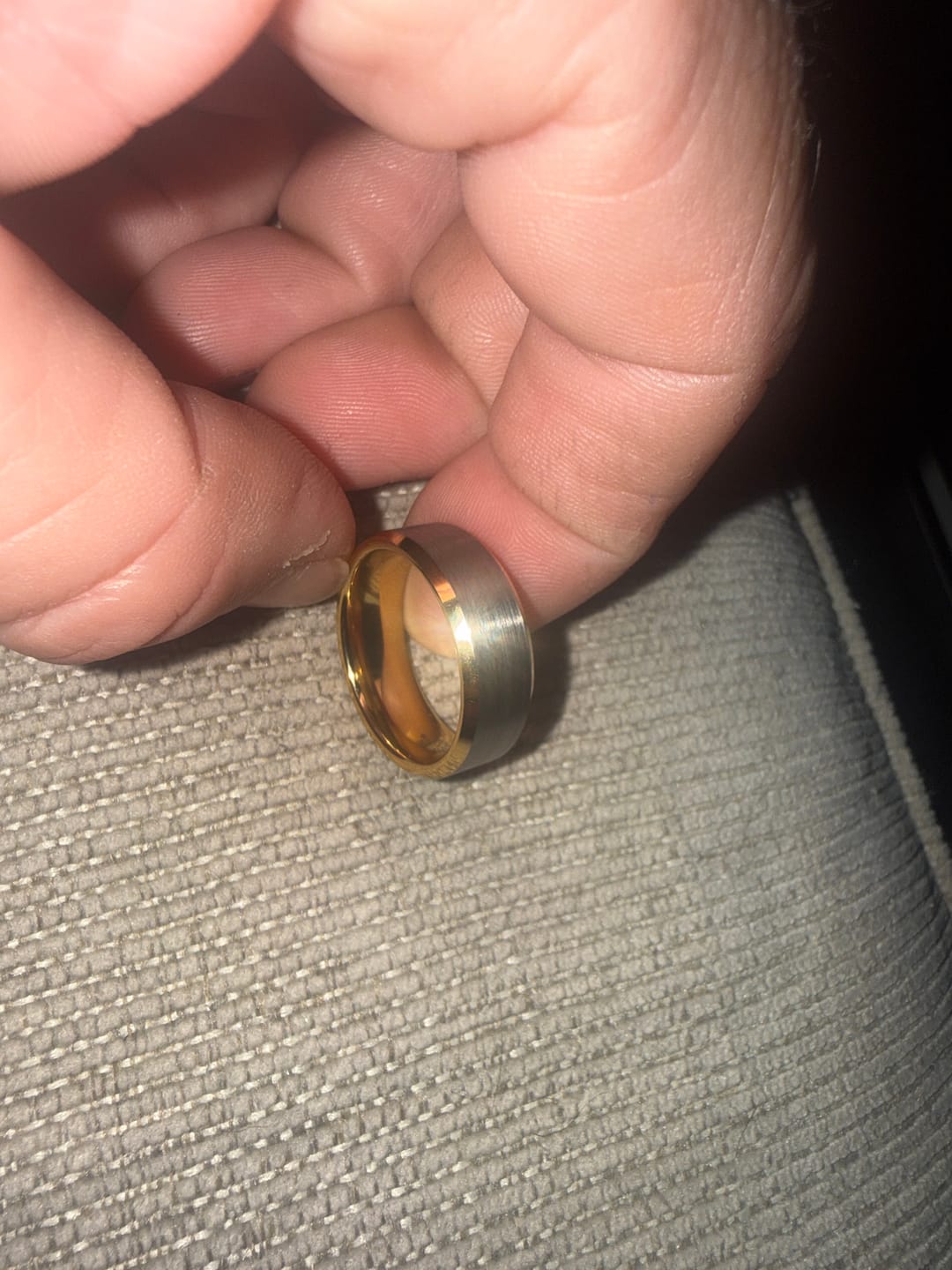 Customer photo review of 8mm Yellow Gold Tungsten Carbide Wedding Ring Brushed Center