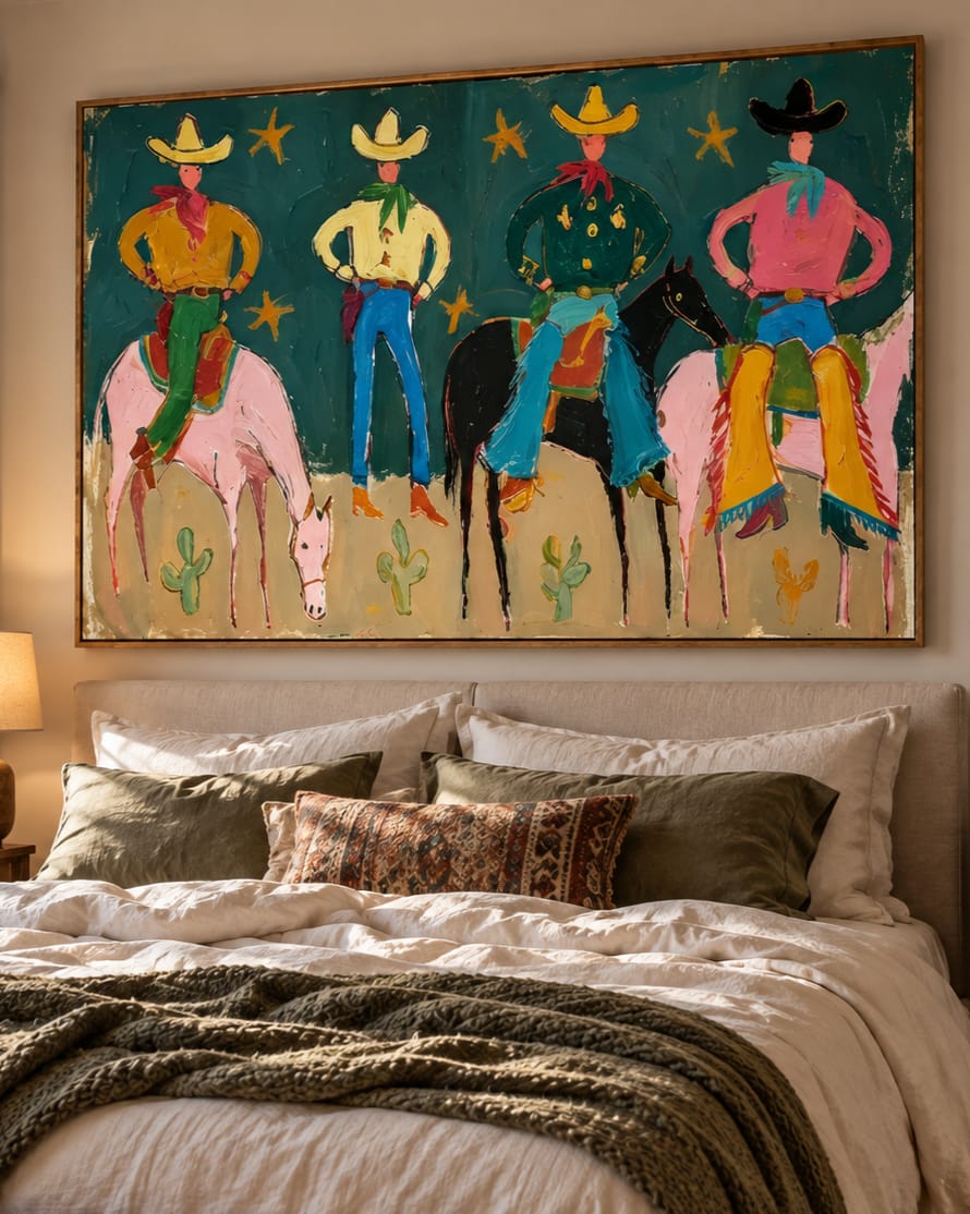 Customer photo review of Teal Rodeo-Four Cowboy Horse Folk Painting