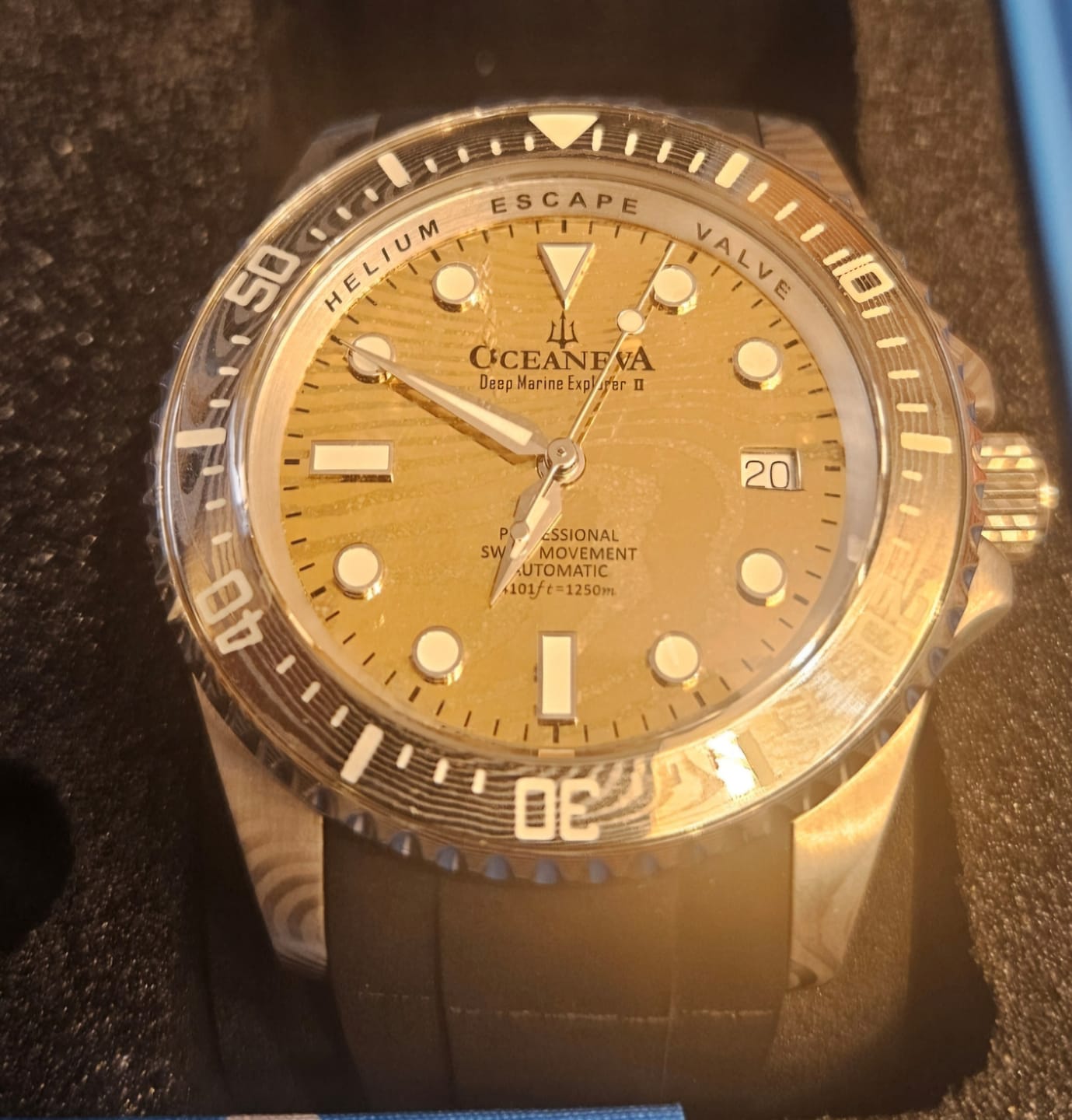 Customer photo review of Oceaneva Mens Deep Marine Explorer II Yellow Gold Gold Damascus Steel Dial Watch Rubber