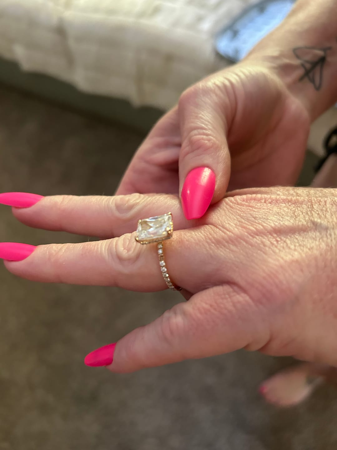 Customer photo review of Darcy 4 Carat Radiant Cut Hidden Halo Moissanite Engagement Ring in 18k White Gold